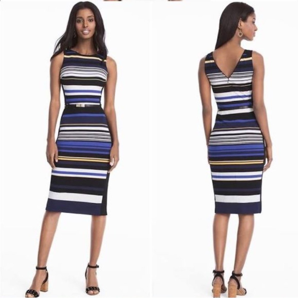 White House Black Market Striped Sheath Midi Dress Bodycon Size 4 Belted